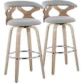 Gardenia 30" Swivel Bar Stool in White Washed Wood & Grey Fabric with Chrome Footrest (Set of 2)